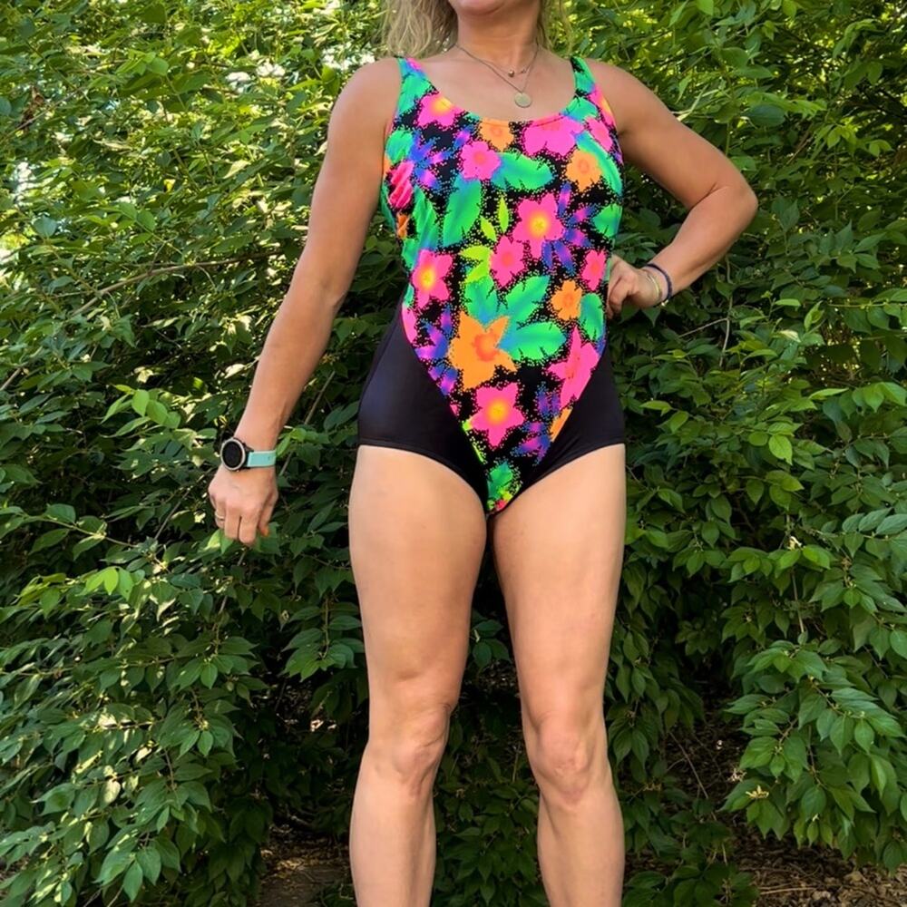 Vintage 90s Pacific Connections neon tropical hibiscus one piece swimsuit